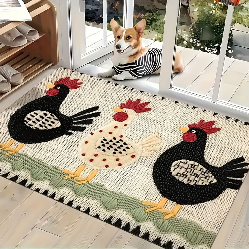 Rooster Print Door Mat with Light Striped Field and Fringed-Look Border in Three Rectangles or One Runner