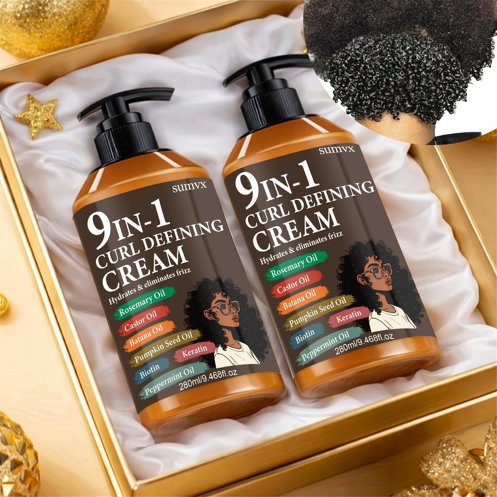 9-in-1 Curl Defining Cream by SUMVX in a Two-Pack of 280ml Pump Bottles with Seven Front-Label Ingredients
