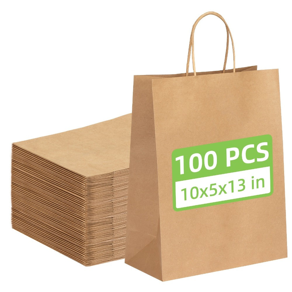 Gift Bag Set Large Brown Kraft Paper, 100 Bags with Twisted Handles, 112G Paper and 10 x 5 x 13 Inch Size