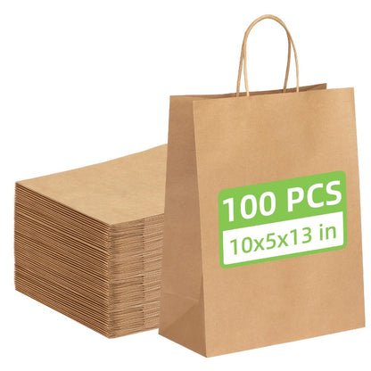 Gift Bag Set Large Brown Kraft Paper, 100 Bags with Twisted Handles, 112G Paper and 10 x 5 x 13 Inch Size