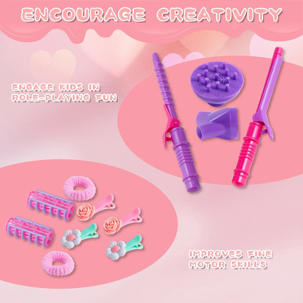 Girls Beauty Salon Toy Set 17 PCS, Pretend Play Hair Stylist Kit with Working Hairdryer Mirror Curling Wands Combs Clips & Jewelry Box