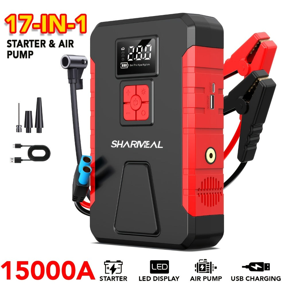 Portable Jump Starter with Air Compressor – 15000A-19000A Peak 350PSI 12V 17-in-1 Car Battery Jump Starter, Digital Display