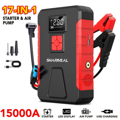 Portable Jump Starter with Air Compressor – 15000A-19000A Peak 350PSI 12V 17-in-1 Car Battery Jump Starter, Digital Display