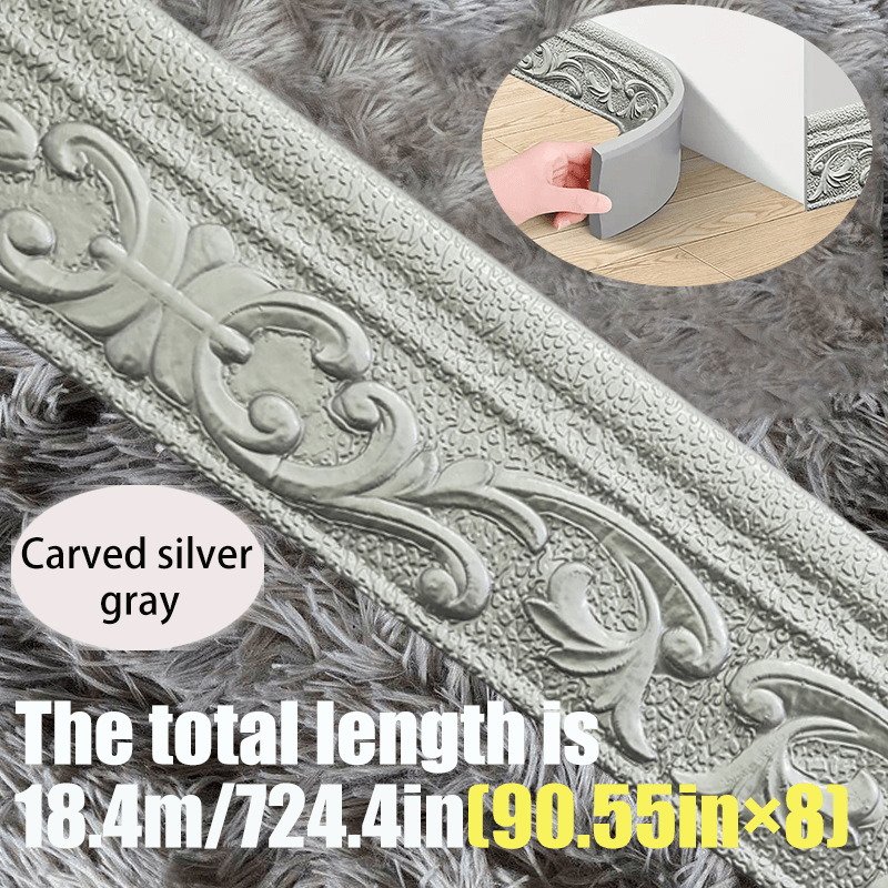 3D Self-Adhesive Foam Baseboard Wall Trim Sticker Waterproof Peel and Stick Carved Wallpaper Border Skirting for Home Decor White Silver