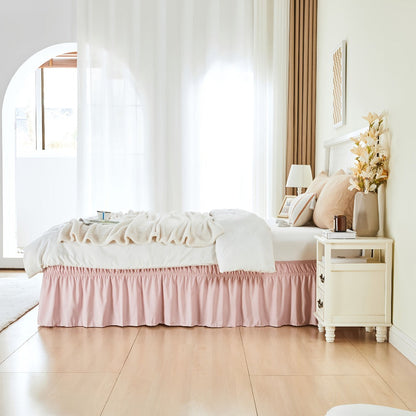 Bed Skirt Elastic Wrap Around Ruffle – 15 Inch Drop Microfiber Dust Ruffle, Adjustable No-Lift Fit, Fade Resistant Machine Washable