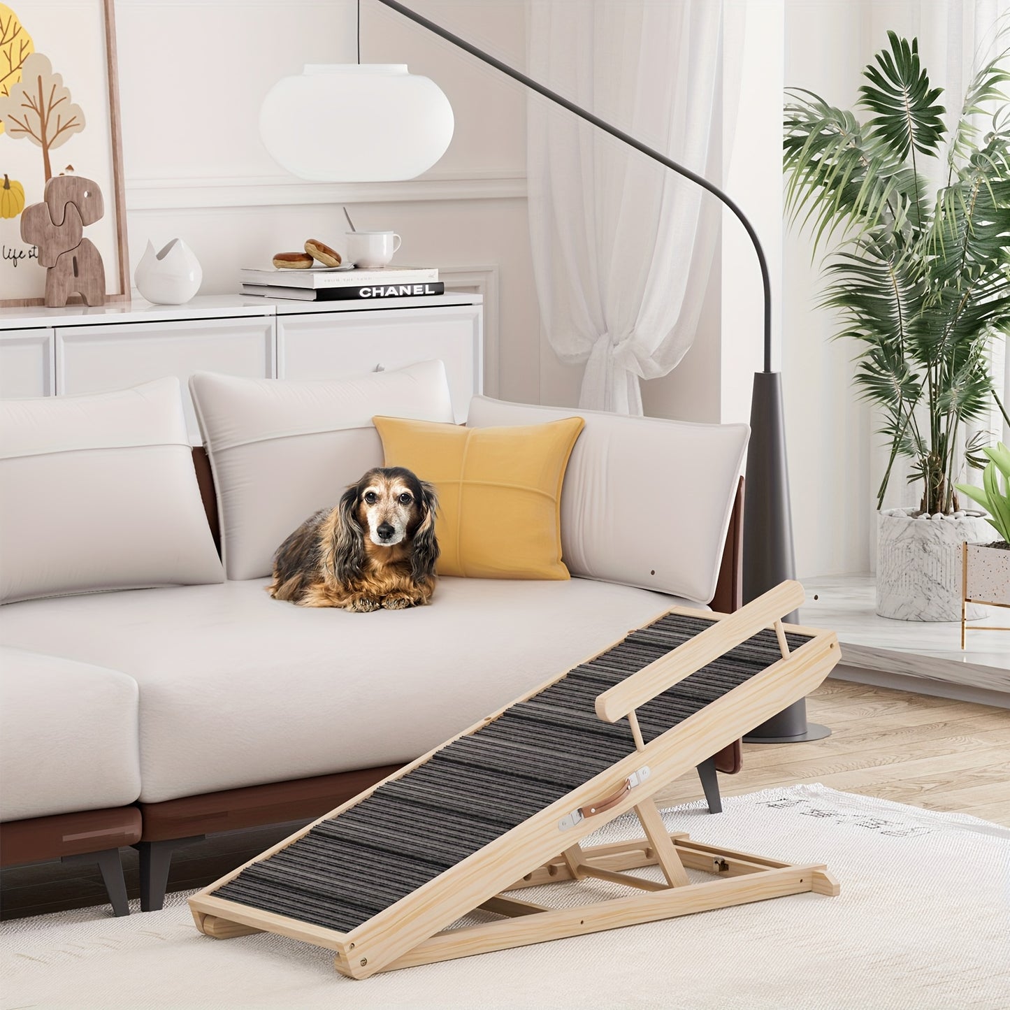 Dog Ramp for Bed & Sofa – Foldable Wooden Pet Ramp with Safety Guards, Adjustable Height, Holds 250 lbs, Indoor Outdoor Dog Steps