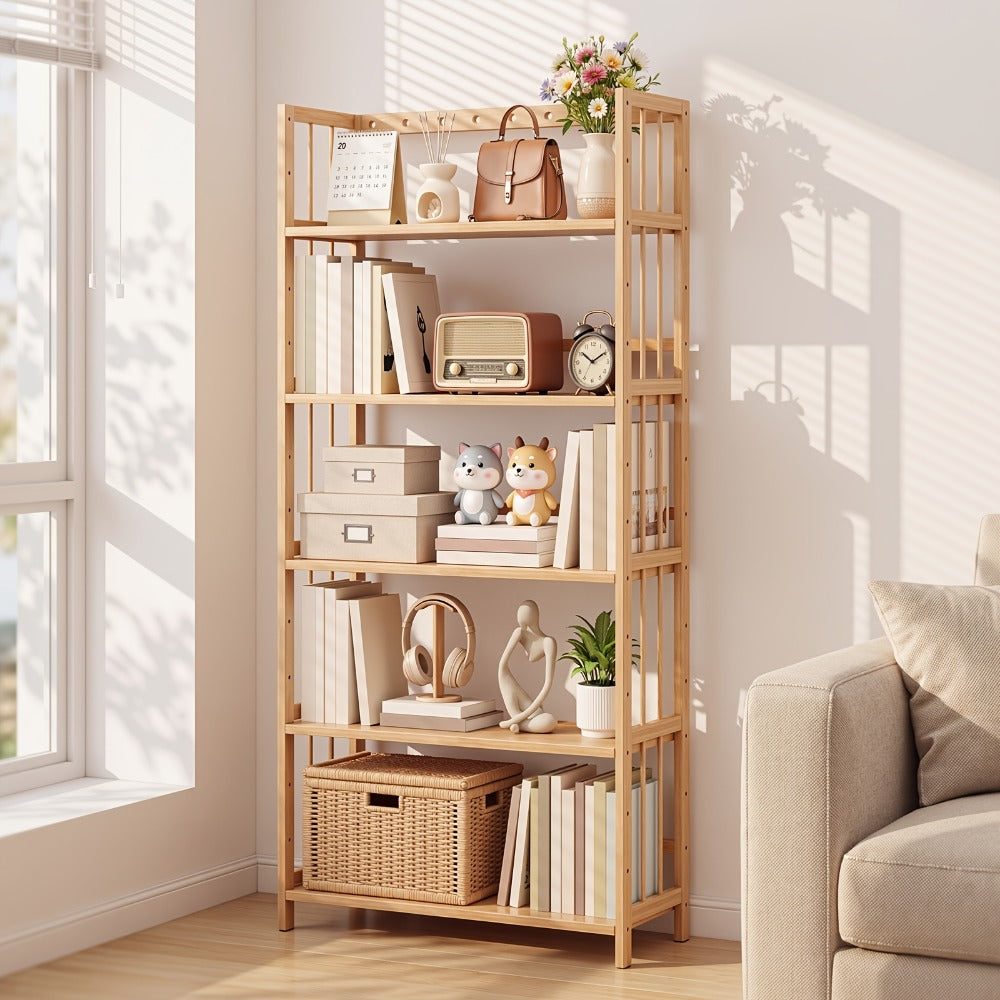 Bamboo Bookshelf Narrow 4 Tier Adjustable Shelves Wooden Bookcase Storage Shelf Organizer for Entryways, Bedrooms and Living Spaces