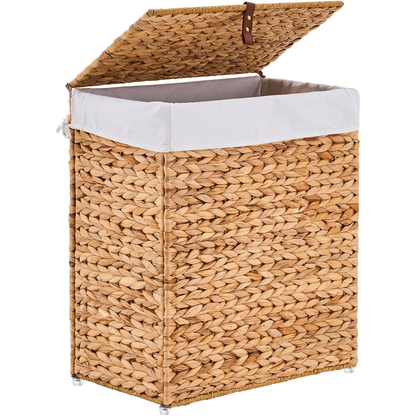 Laundry Basket with Lid & Handles – Handwoven Water Hyacinth Wicker Hamper, Removable Cotton Liner