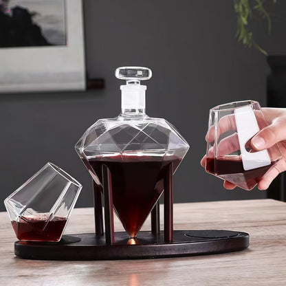 Whiskey Decanter Set with 2 Diamond Glasses & Wooden Rack, Brick Stone Design, Bourbon Rum Vodka Tequila Gift Set for Men Home Bar
