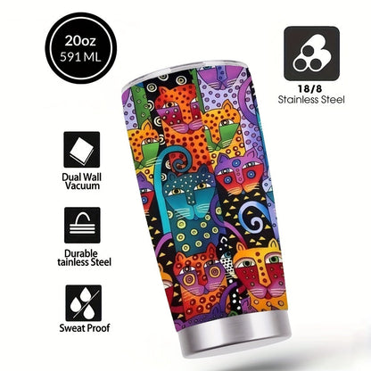Insulated Tumbler 20oz Abstract Cat Graphic with 304 Stainless Steel, Lid and Straw for Everyday Use
