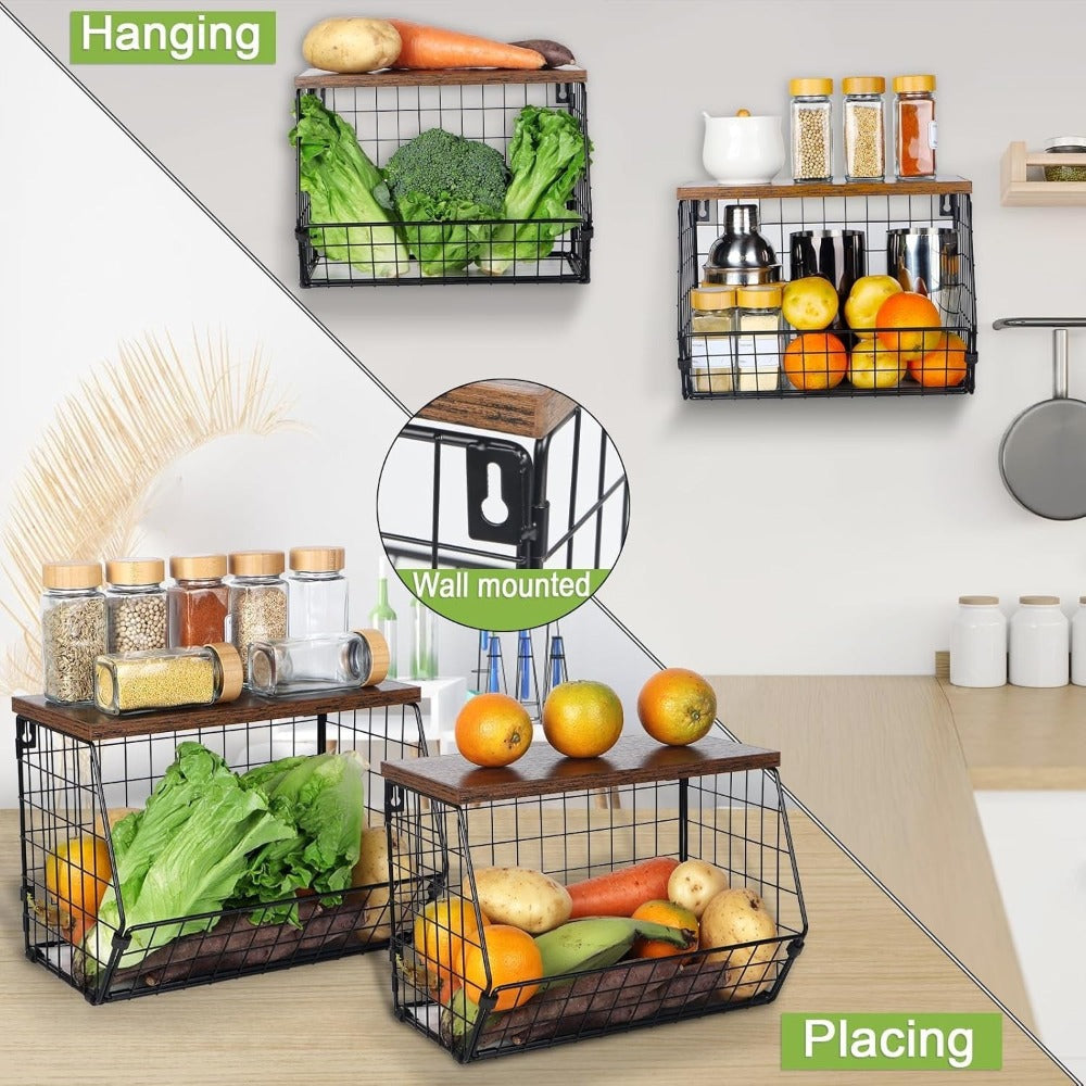 Wall-Mounted Fruit Basket with Wooden Cover – 2-Tier Metal Kitchen Storage Basket with Hooks, Stackable Hanging Organizer for Potatoes