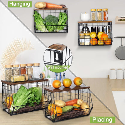 Wall-Mounted Fruit Basket with Wooden Cover – 2-Tier Metal Kitchen Storage Basket with Hooks, Stackable Hanging Organizer for Potatoes