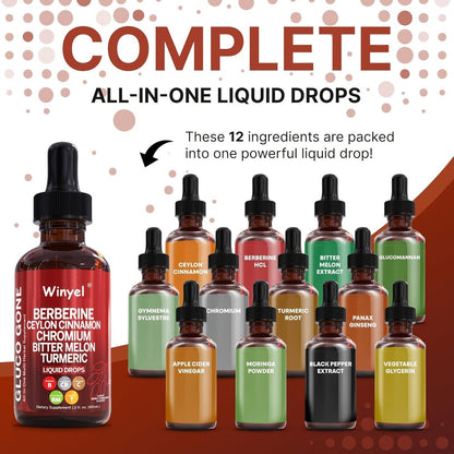 Blood Sugar Support Liquid Drops with Ceylon Cinnamon Berberine Bitter Melon Gymnema Chromium Turmeric Panax Ginseng