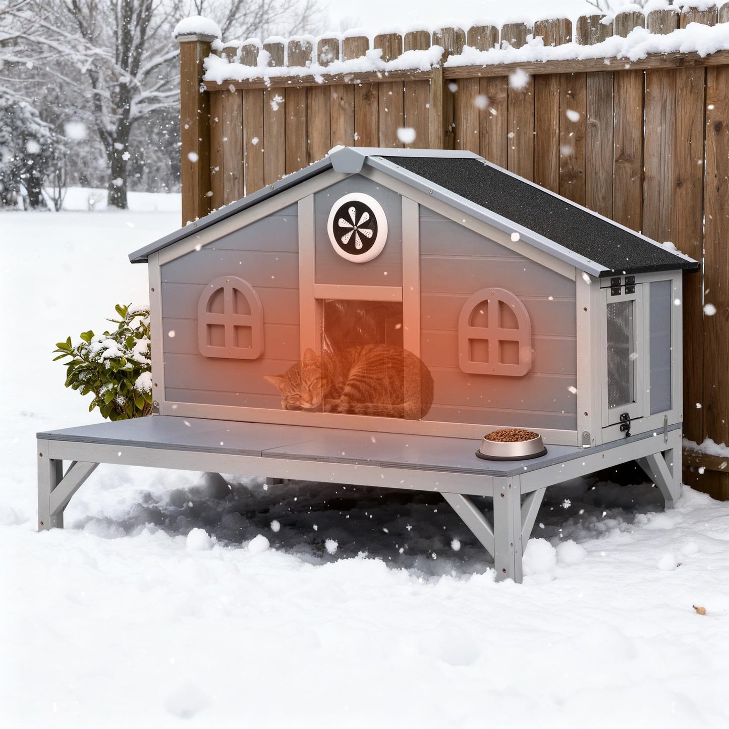Outdoor Cat House Wooden Weatherproof Feral Cat Shelter with Deck, Elevated Legs & 2 Escape Doors – Large Indoor Outdoor Catio for 1-3 Cats