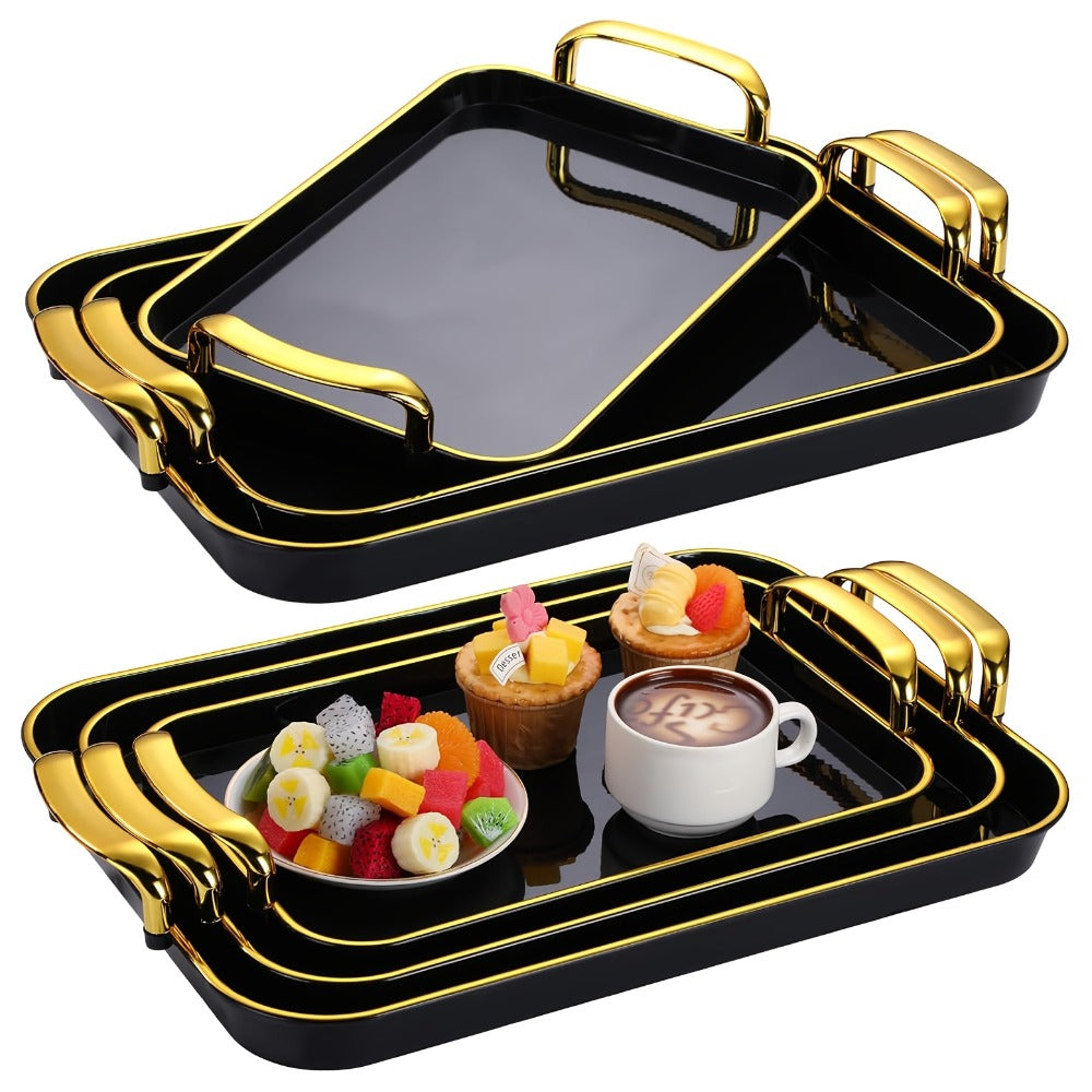 3-Piece Rectangular Serving Tray Set with Handles, Plastic Food Trays for Parties, Dinners & Gatherings