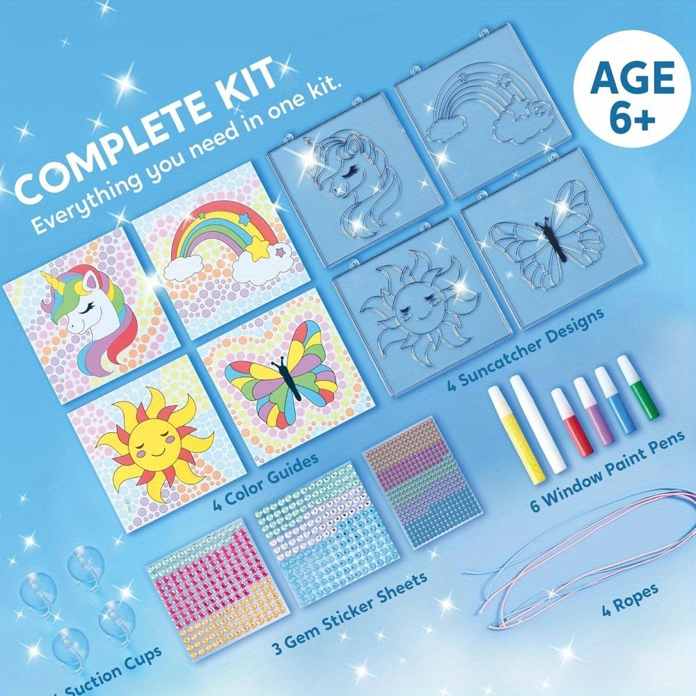 Suncatcher Painting Kit 4pcs for Kids, 2-in-1 Window Art with Gem Stickers & Paint Pens, Butterfly Unicorn Rainbow Sun Designs
