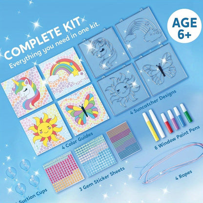 Suncatcher Painting Kit 4pcs for Kids, 2-in-1 Window Art with Gem Stickers & Paint Pens, Butterfly Unicorn Rainbow Sun Designs