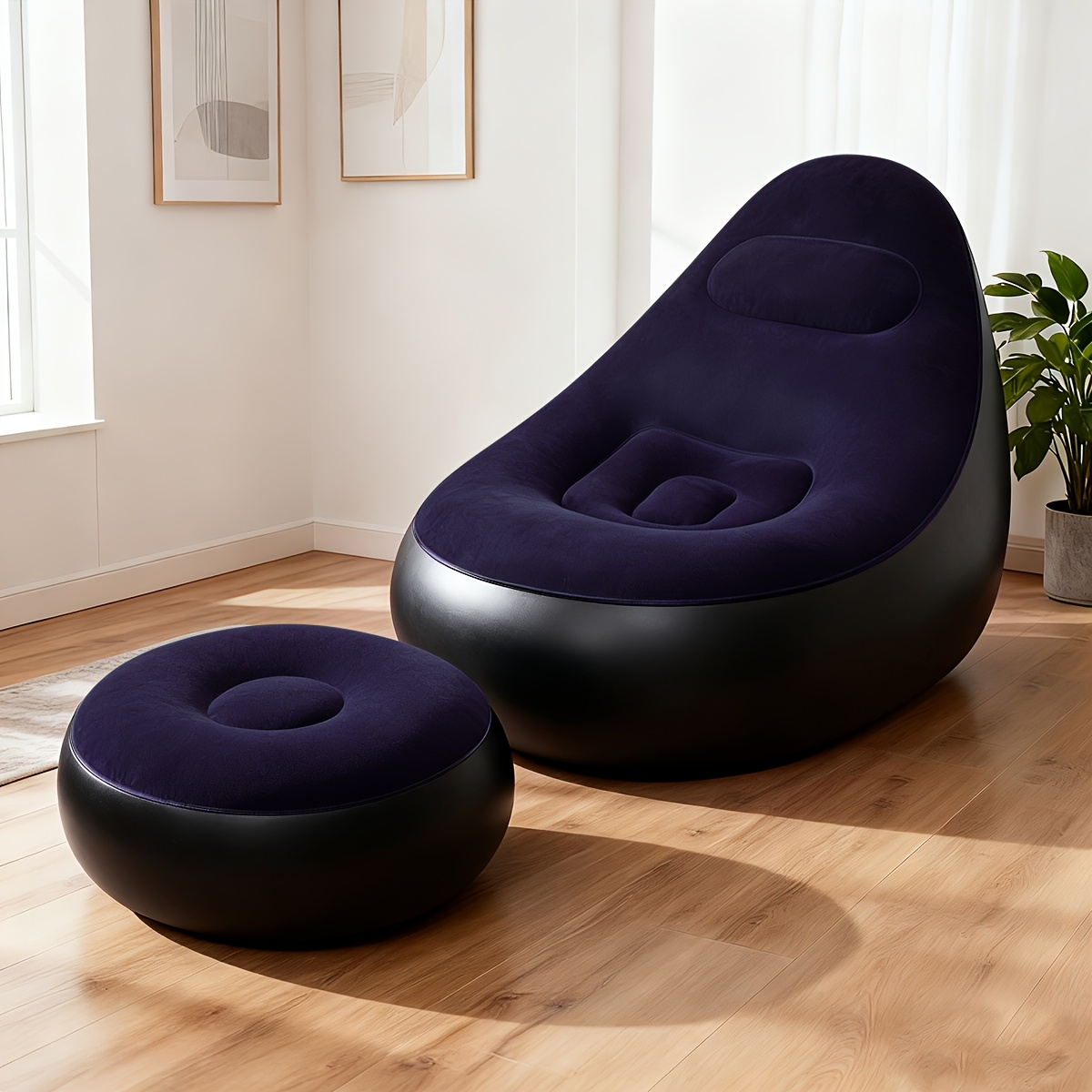 Inflatable Recliner Sofa with Footstool Set – Heavy Duty Portable Folding Air Couch with Plush Fabric & Pump Included