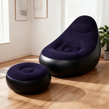 Inflatable Recliner Sofa with Footstool Set – Heavy Duty Portable Folding Air Couch with Plush Fabric & Pump Included