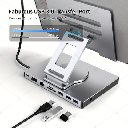 iPad Phone Rotating Stand Docking Station, 4K 60Hz HDMI, Gigabit Ethernet, 100W PD, USB 3.0 Hub, SD/TF Card Reader