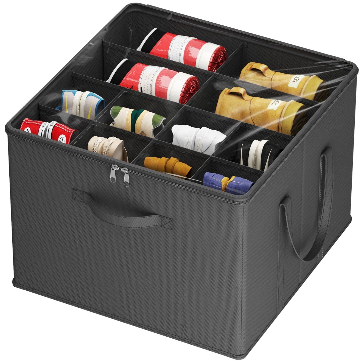 Shoe Storage Organizer with Clear Cover – Foldable Shoe Box for Closet, Fits 12-16 Pairs, Reinforced Handles, Dust-Proof Non-Woven Fabric