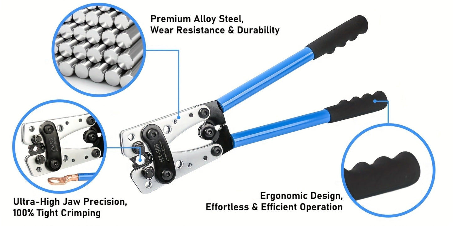 Battery Cable Lug Crimping Tool Set AWG 8-1/0 Ratchet Crimper with Copper Wire Lugs, Heat Shrink Tubing