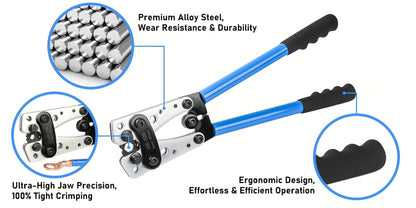 Battery Cable Lug Crimping Tool Set AWG 8-1/0 Ratchet Crimper with Copper Wire Lugs, Heat Shrink Tubing