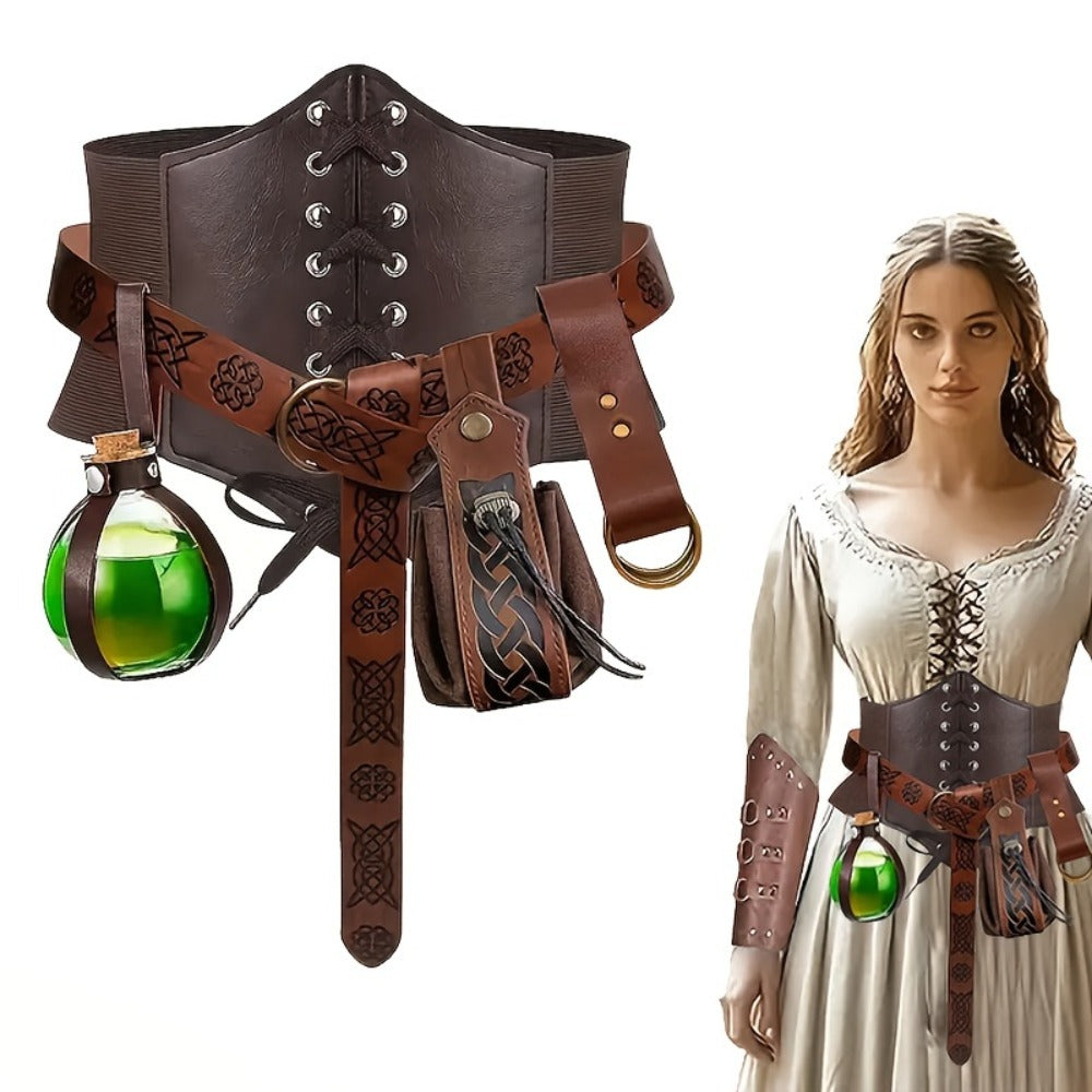 Renaissance Corset Set 5-Piece Ladies – Medieval Belt Pouch Potion Bottle Waist Protector, Women Halloween LARP Cosplay Renaissance Fair