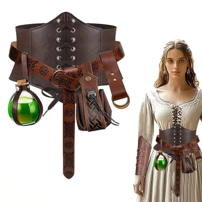 Renaissance Corset Set 5-Piece Ladies – Medieval Belt Pouch Potion Bottle Waist Protector, Women Halloween LARP Cosplay Renaissance Fair