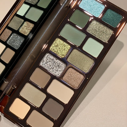 Eyeshadow Palette 16-Shade Brown and Green Compact with Matte, Shimmer and Glitter Finish Mix