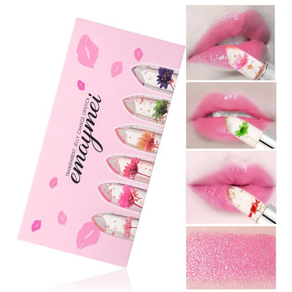 Lipstick Set, emaymei 6-Piece Transparent Flower-Core Jelly Collection in Ornate Pink Cases
