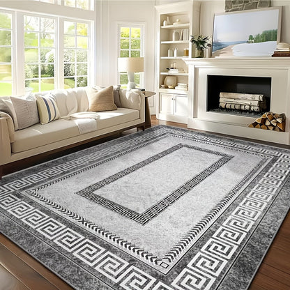 Persian Boho Area Rug – Luxury Crystal Velvet 850GSM Floral Pattern | Non-Slip Machine Washable 100% Polyester Carpet | Grey Black Marble