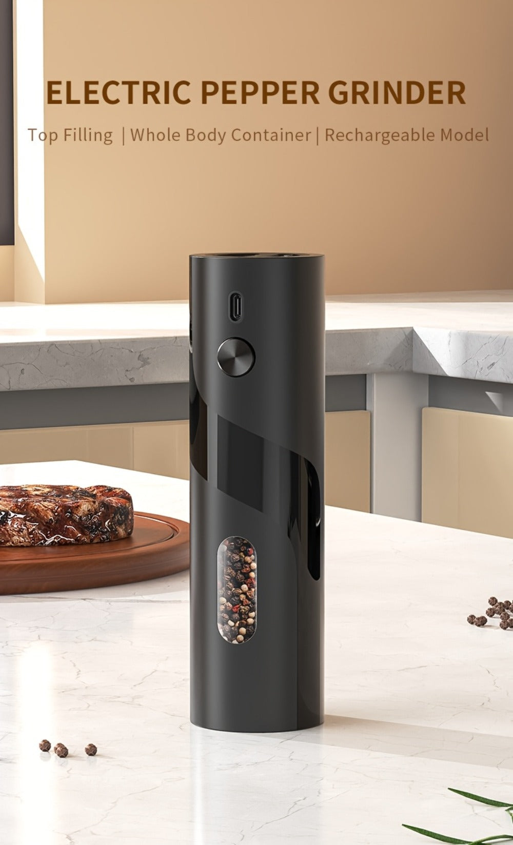 Electric Salt and Pepper Grinder Set, Rechargeable Mills with LED Light, Adjustable Coarseness & 3.72oz for Home Kitchen