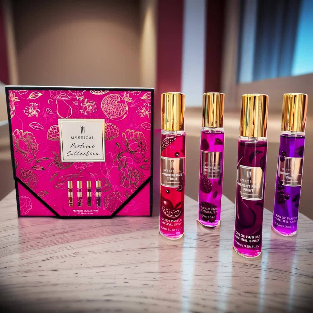 Perfume Gift Set MYSTICAL Four 20ml Eau de Parfum Spray Bottles with Gold Caps in Pink Floral Box
