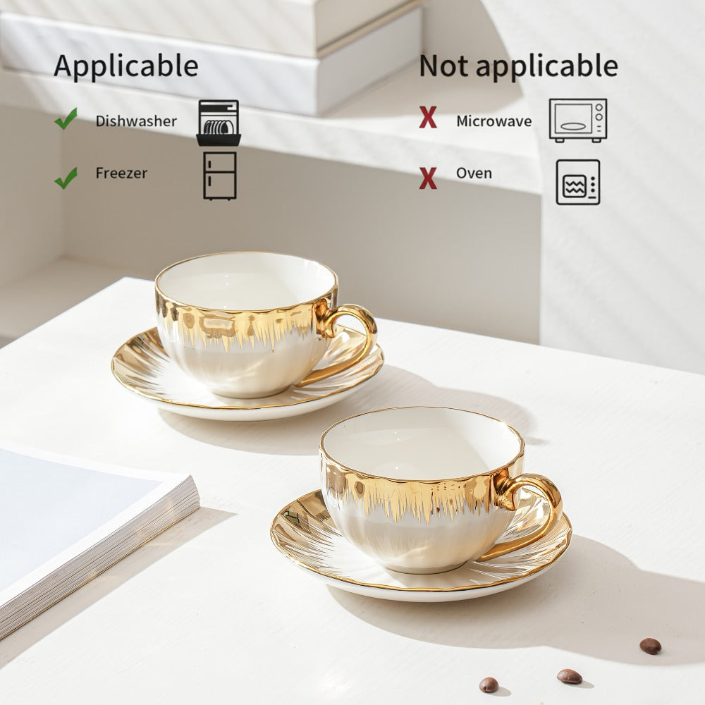 European Ceramic Coffee Cup and Saucer Set of 6 – Light Luxury 8.45oz Porcelain Tea Cups with Plates | Elegant Floral Dinnerware for Wedding
