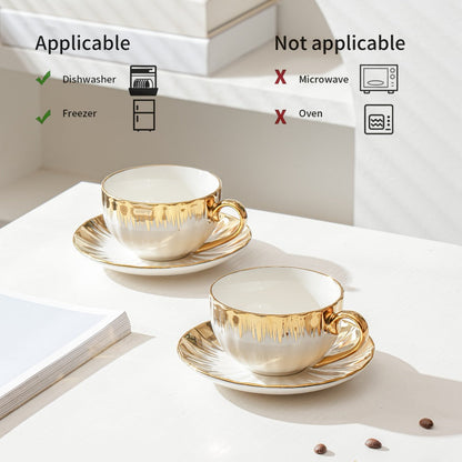 European Ceramic Coffee Cup and Saucer Set of 6 – Light Luxury 8.45oz Porcelain Tea Cups with Plates | Elegant Floral Dinnerware for Wedding