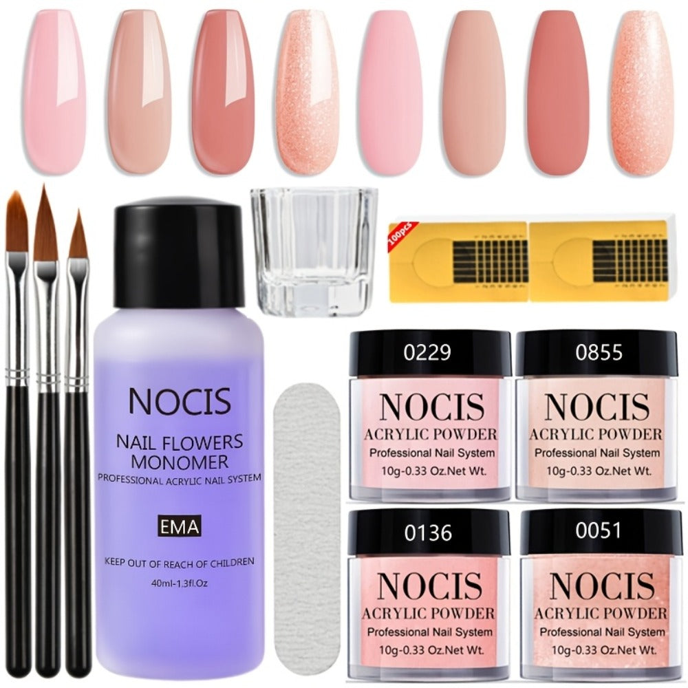 Acrylic Nail Kit NOCIS Four 10g Pink and Warm Neutral Powders with Liquid Monomer, Three Brushes and File