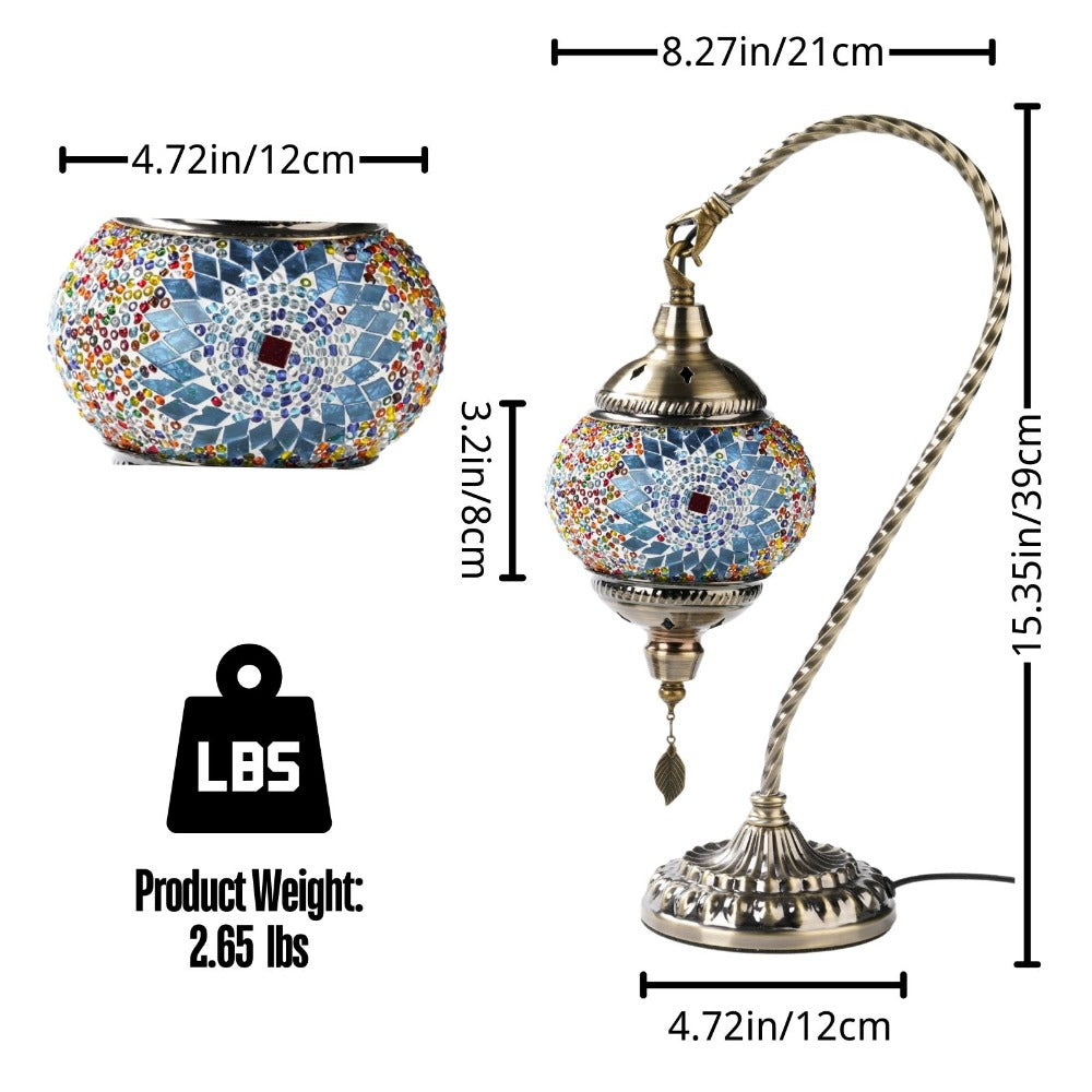Table Lamp with Swan-Neck Mosaic Glass Shade, Metal Base, Six Color Options and Three White-Light Modes