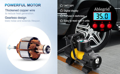 150 PSI 12V Tire Inflator with Analog Pressure Gauge, Carry Bag, Hose Accessories and Yellow or Blue Housing