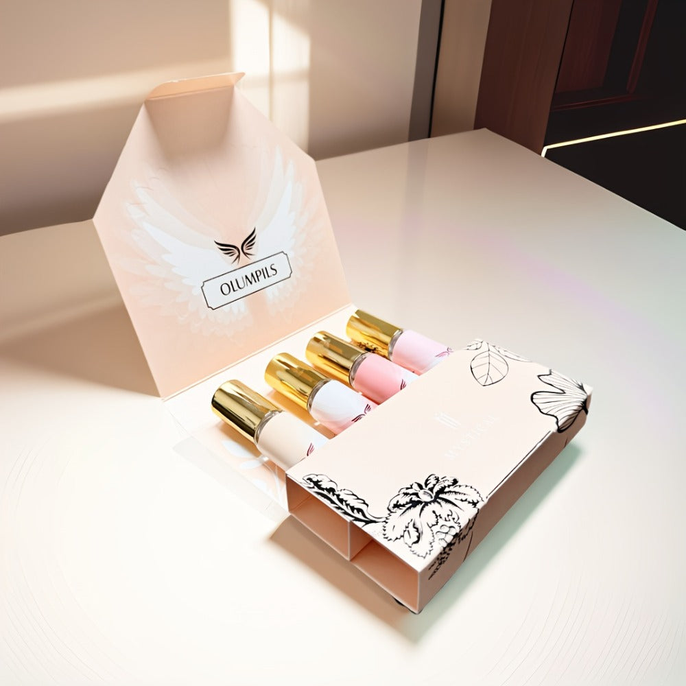 Perfume Gift Set MYSTICAL Four 20ml Eau de Parfum Spray Bottles with Gold Caps in Pink Floral Box
