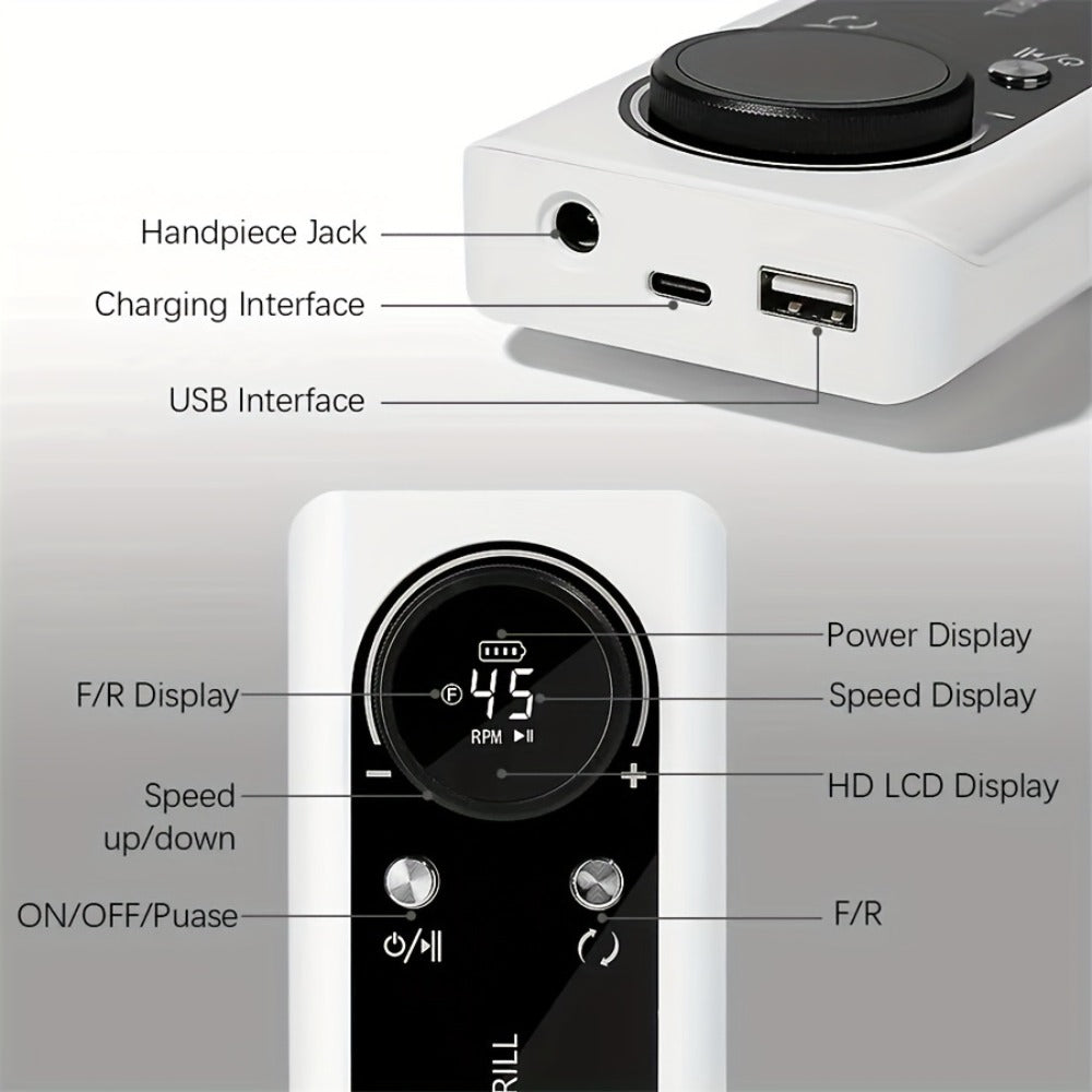 Electric Nail Drill 45000 RPM Brushless Kit with LCD Screen, 6 Bits, 6 Sanding Bands and Belt Clip
