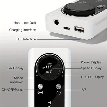 Electric Nail Drill 45000 RPM Brushless Kit with LCD Screen, 6 Bits, 6 Sanding Bands and Belt Clip