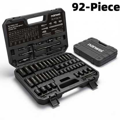 Impact Socket Set 3/8" Drive CR-V – 15/92 Piece Metric & SAE 6-Point with Ratchet Handle Adapter Storage Box for Auto Repair Mechanic DIY