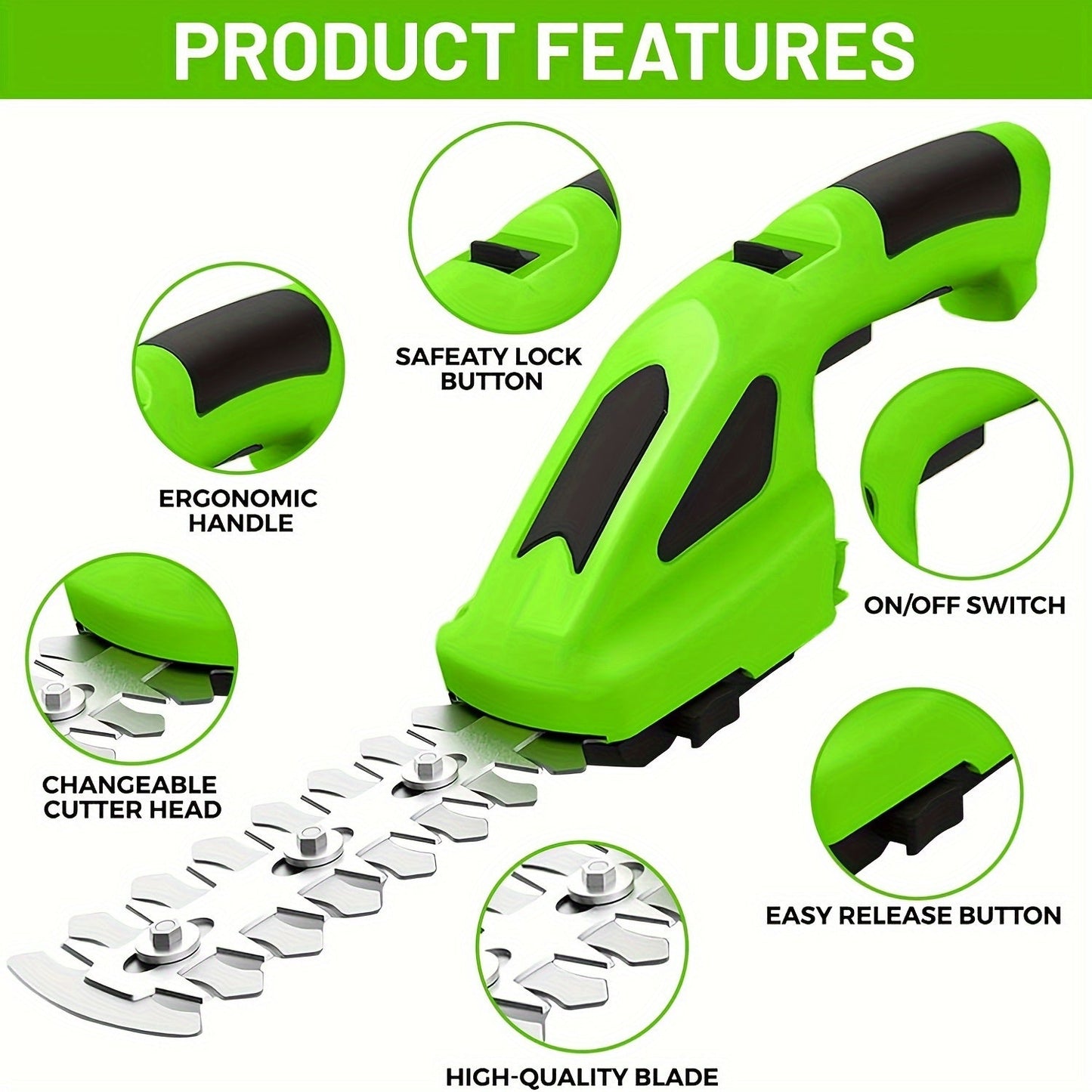 Cordless Hedge Trimmer 2-in-1, USB-C Rechargeable Electric Grass Shear with Interchangeable Blades