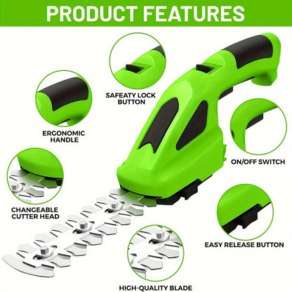 Cordless Hedge Trimmer 2-in-1, USB-C Rechargeable Electric Grass Shear with Interchangeable Blades