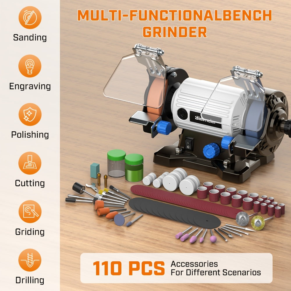 Bench Grinder 3 Inch Rotary Tool Kit 110pcs Accessories Flexible Shaft 105cm Buffer Polisher for Entryways, Bedrooms and Living Spaces