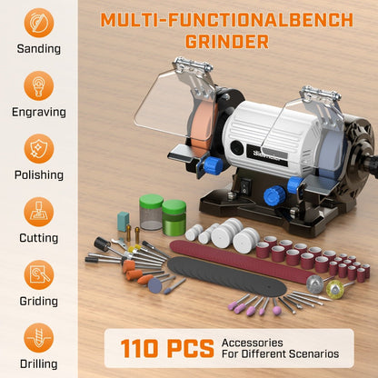 Bench Grinder 3 Inch Rotary Tool Kit 110pcs Accessories Flexible Shaft 105cm Buffer Polisher for Entryways, Bedrooms and Living Spaces