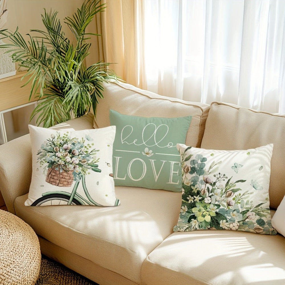 Four-Piece Farmhouse Pillow Cover Set, 18 x 18 Inches with Eucalyptus, Bicycle and Typography Prints