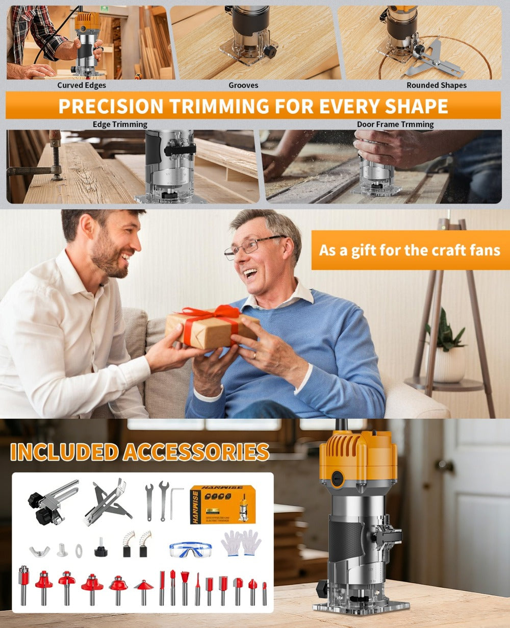 Wood Router Edge Trimmer 800W 6.1Amp Compact Hand Router Tool 35000RPM with Variable Speed, 1/4" Collet