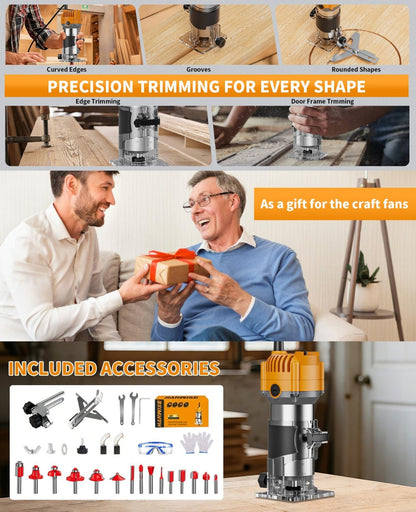 Wood Router Edge Trimmer 800W 6.1Amp Compact Hand Router Tool 35000RPM with Variable Speed, 1/4" Collet